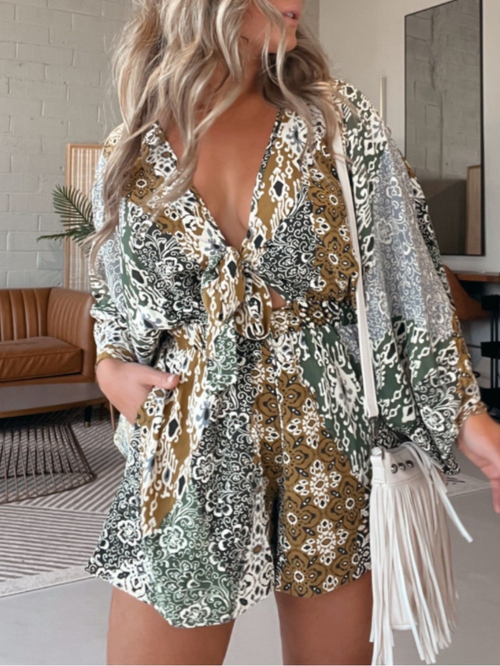 Printed Tie-Front Romper in Olive & Mustard
